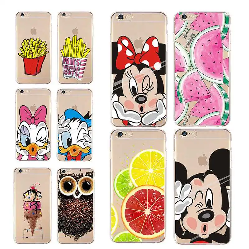 Мягкий ТПУ Прозрачный чехол для iPhone 4 4S 5 5C 5S 6 S 7 Plus с Минни милый Микки IceCream фрукты