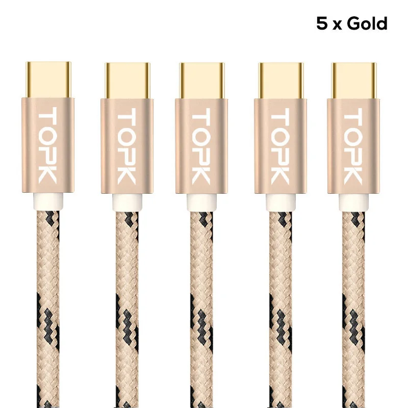 TOPK [5-Pack] usb type-C кабель для синхронизации данных USB-C зарядный кабель для samsung XiaoMi huawei адаптер кабель для мобильного телефона - Цвет: 5x Gold Cable