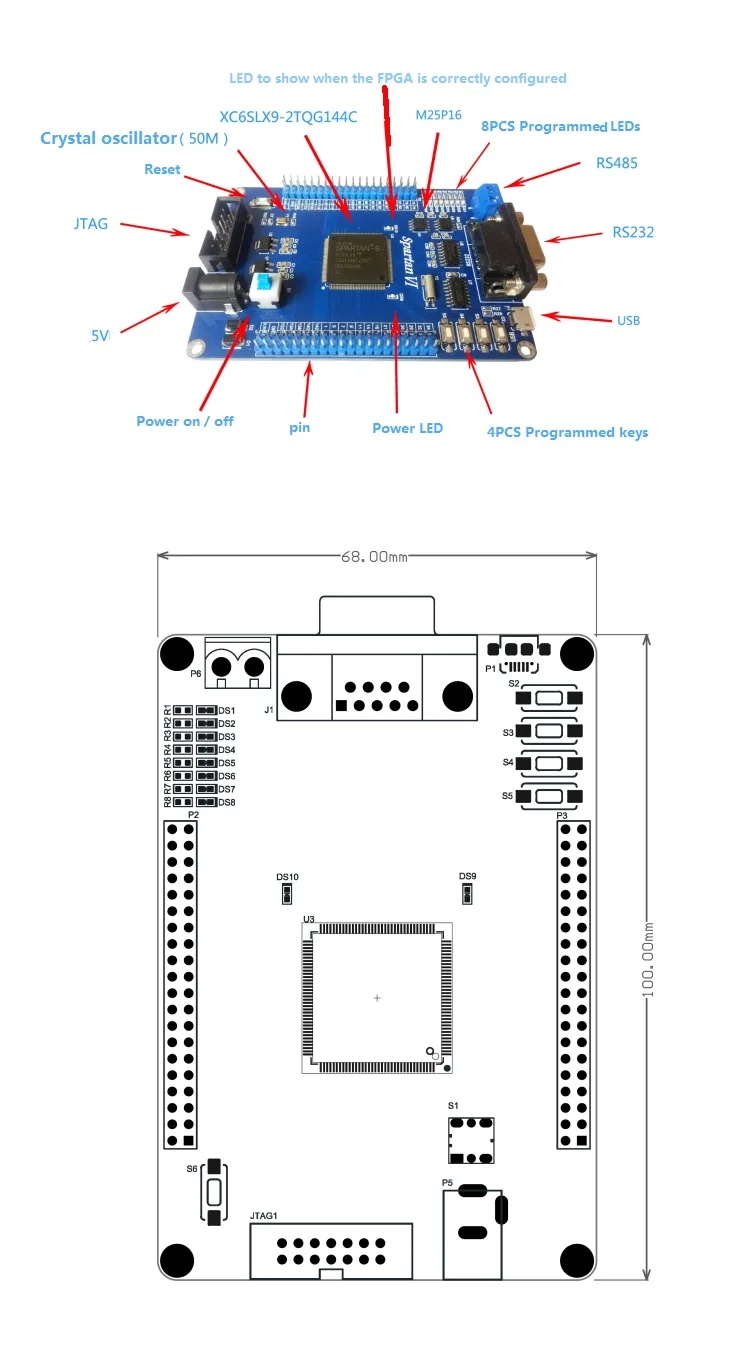 Pisowrds Xilinx Spartan6 FPGA развития наборы для плат модуль Спартанский 6 XC6SLX9 с USB RS232 RS485