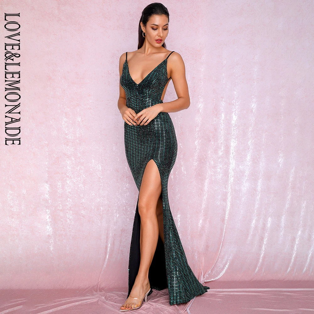 LOVE & LEMONADE сексуальное зеленое платье с глубоким v образным вырезом открытой