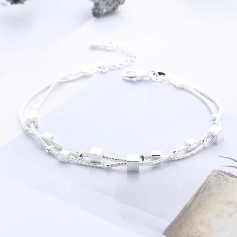 

Silver Color Square Fresh Temperament Drawing Multi-Layer Female Simple Trendy Wild Korea Resizable Bracelets SBR053