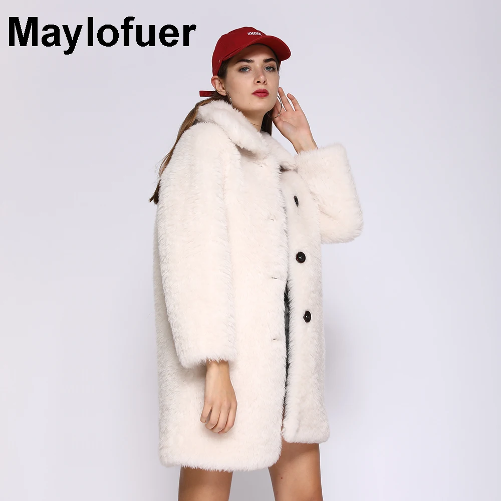 Maylofuer Новые поступления Бежевая натуральная шерстяная шуба Мода Тедди Пальто Зимняя теплая меховая куртка
