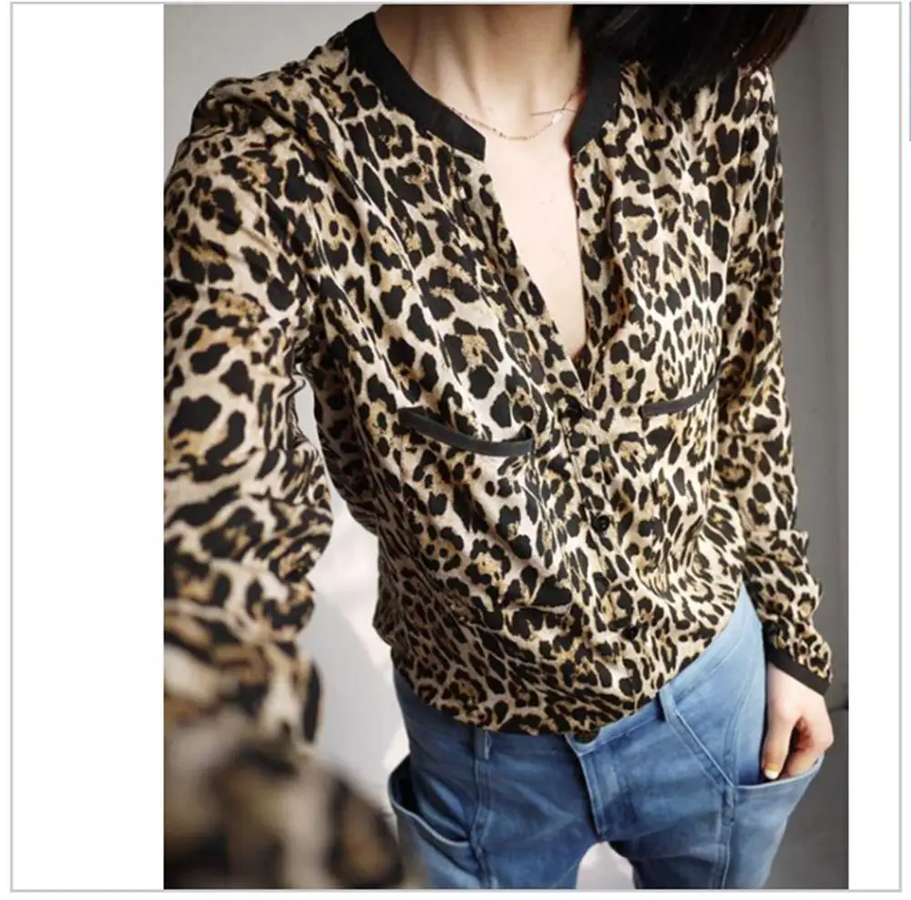 Blusas 2018 Для женщин блузка Леопардовый Рубашка с длинным рукавом v образным вырезом