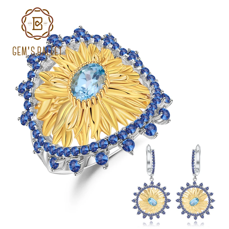 

GEM'S BALLET 2.2Ct Natural Swiss Blue Topaz Jewelry For Women 925 Sterling Silver Handmade Sunflower Ring Earrings Jewelry Sets