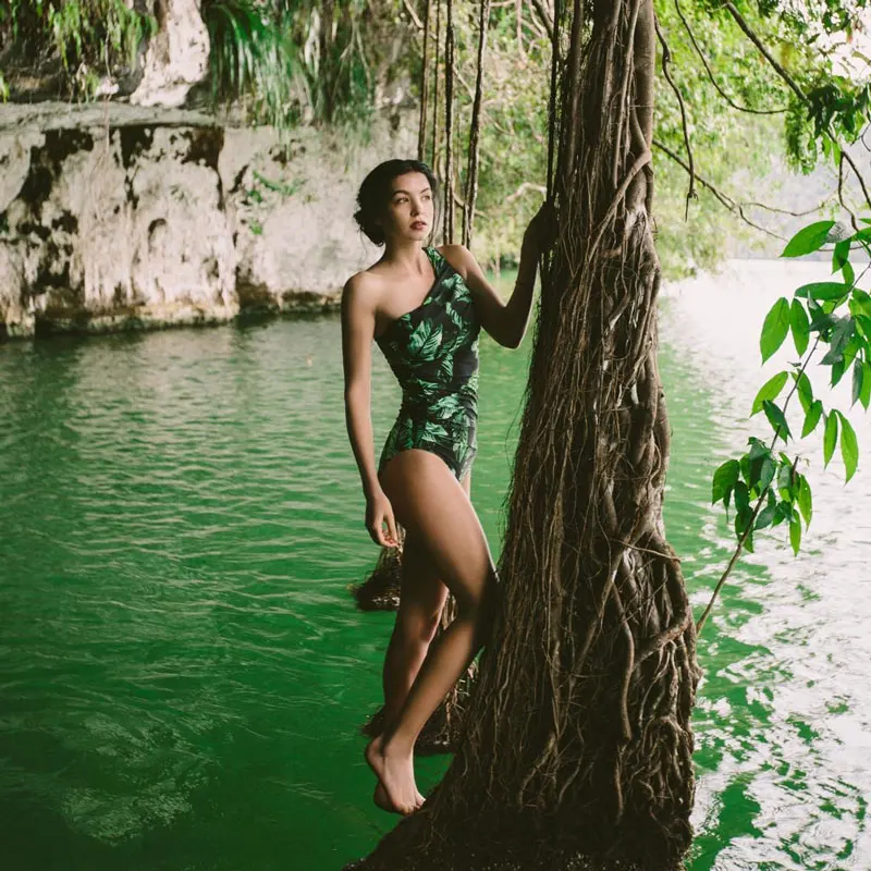 Midou Зеленый бикини с принтом в виде листьев купальник на одно плечо Монокини