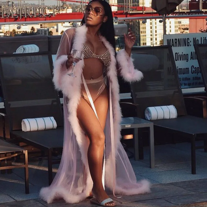 PINK Lurehooker сексуальные женские ночные рубашки с v-образным вырезом однотонные халаты с меховым воротником перспективное платье Сетчатое ночное белье спа халаты Свадебные невесты - Цвет: PINK