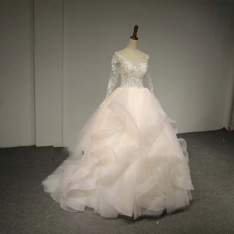 Романтичное розовое свадебное платье с оборками 2018 длинные рукава органза