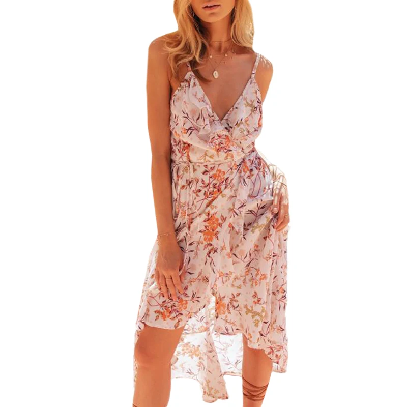Для женщин Boho Цветочный принт вечерние короткий рукав платье на бретельках с v