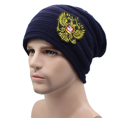 Зимняя вязанная шапка герб России Skullies Beanies Зимние головные уборы для мужчин и женщин брендовая теплая мешковатая шапка Gorras Bonnet - Цвет: navy
