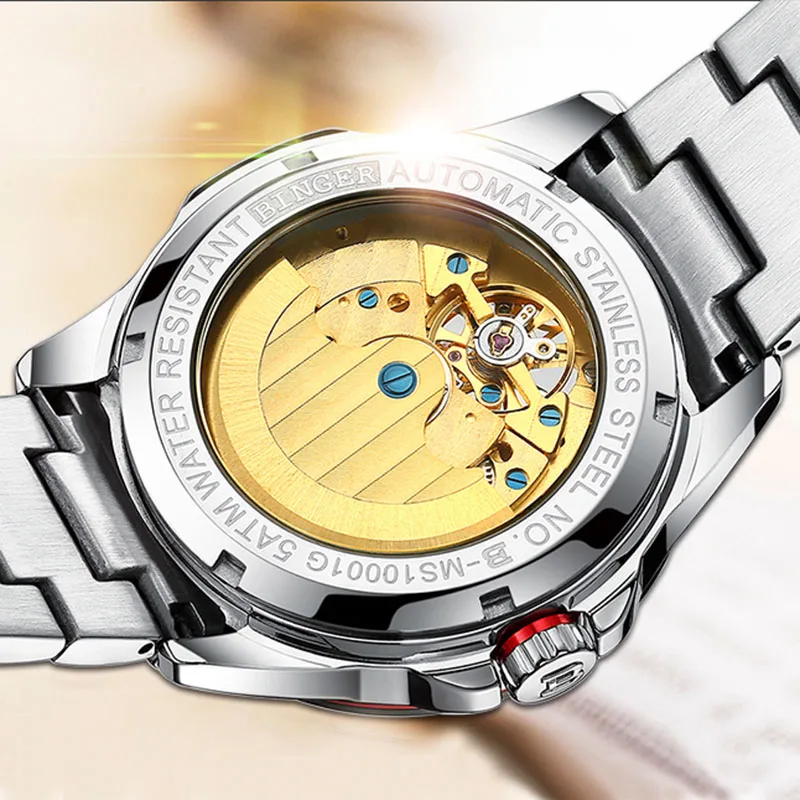Швейцарские часы-скелетоны марки BINGER многофункциональные механические часы