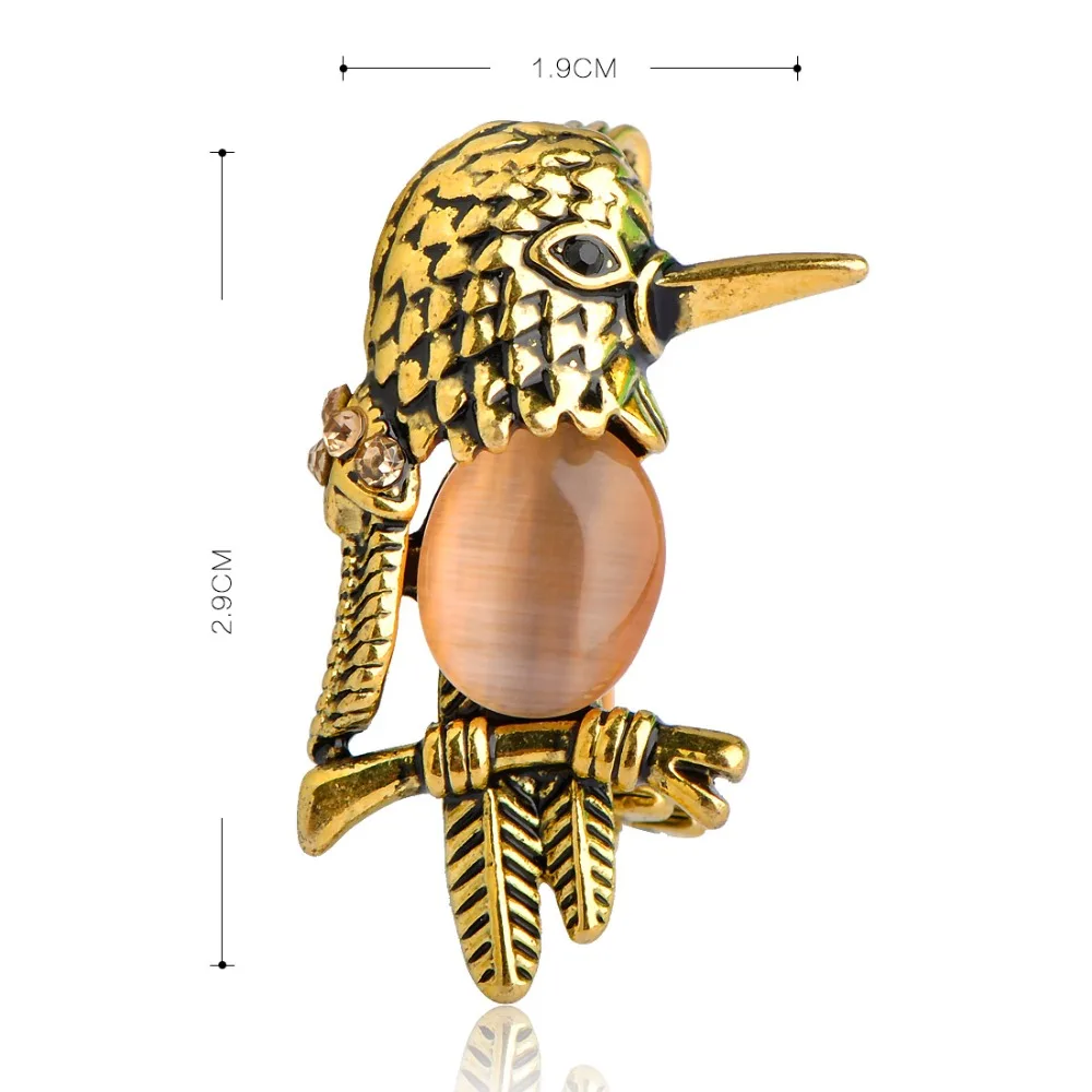 Винтажная эмалированная брошка с опаловыми птицами и кошачьим глазом заколка