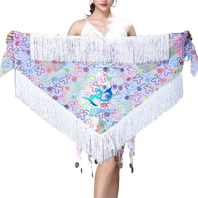 White Костюм для танца живота, женский шарф для танца живота, пояс для выступлений, шаль, сетка с блестками и накидка с бахромой, юбка, треугольная юбка - Цвет: White