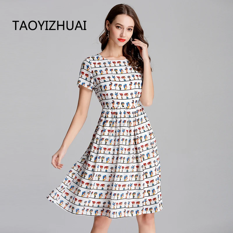 TAOYIZHUAI, Новое поступление, принт с животными, милый Повседневный стиль, длина до колена, короткий рукав, завышенная талия, размера плюс, женское платье 11666