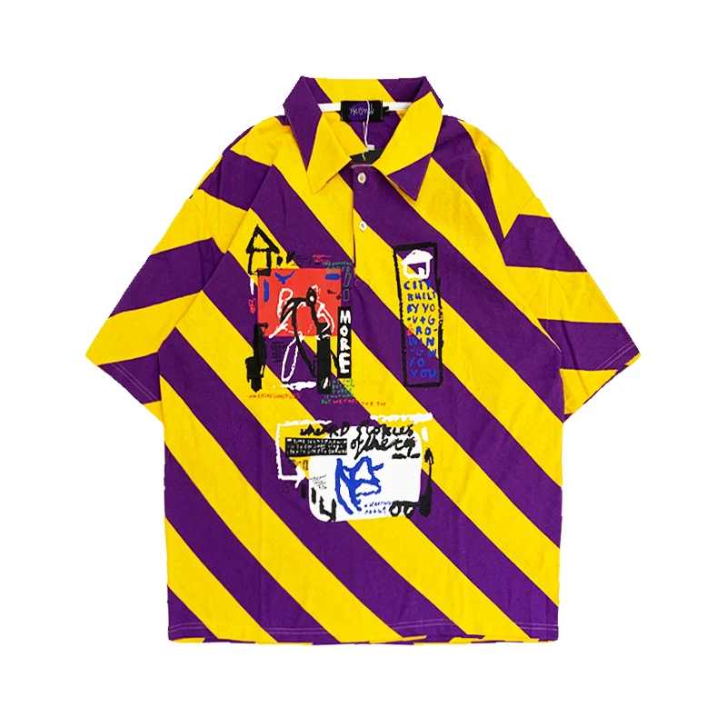 Летние свободные полосатые поло в стиле бойфренда с отворотами ретро коротким