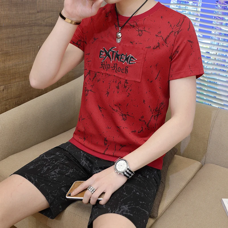 

019 New Summer T-Shirt Men's suits Lastest Fashion Short Sleeve T-Shirt set Tee Shirts Hipster O-Neck Tops+Shorts
