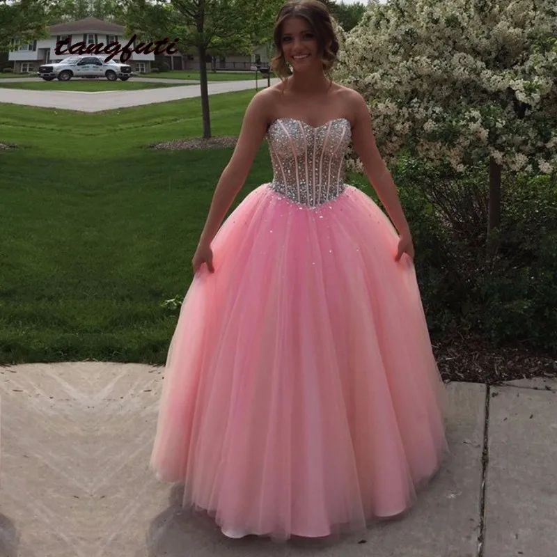 Отделанное бисером блестящее розовые Бальные платья quinceanera бальное платье 15 лет