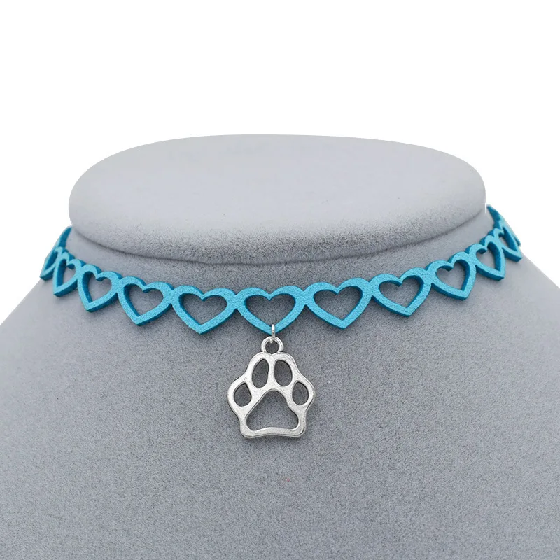 Blue Античный Серебряный Кот собака Лапа след кулон сердце любовь колье цепочки и ожерелья для женщин друзей подарки для любителей собак ювел - Окраска металла: Blue
