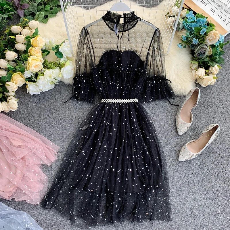 Женское плиссированное платье пуловер из тонкой сетчатой ткани с расклешенными