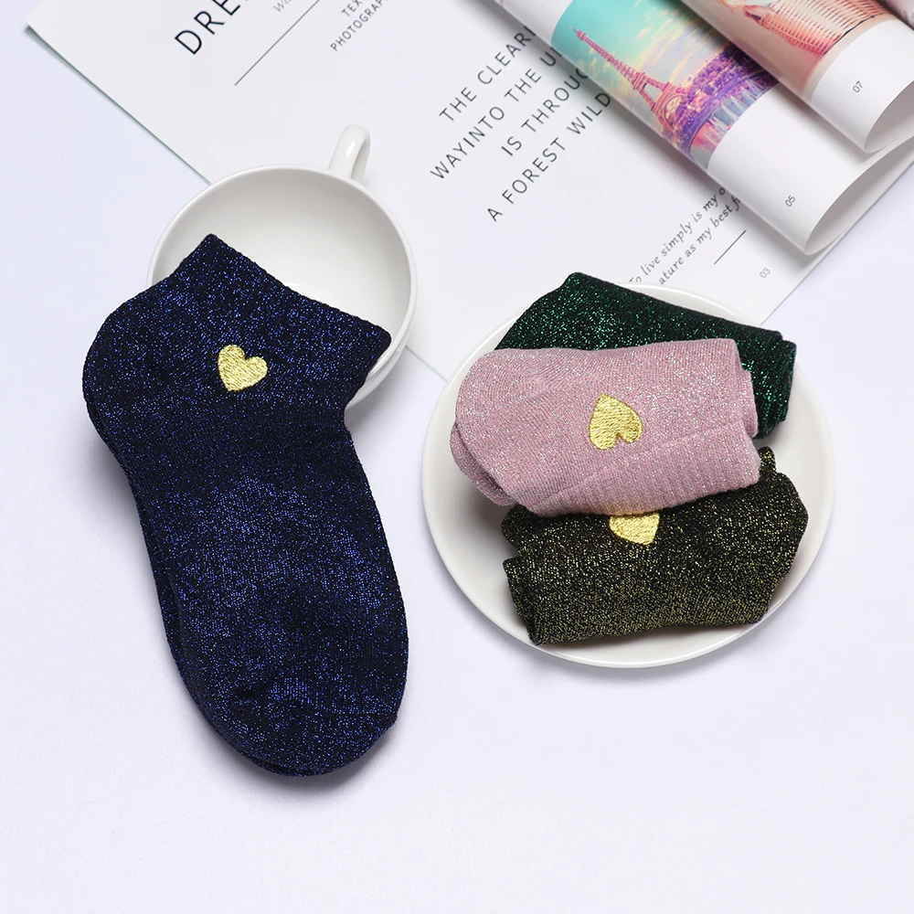 1 пара милых коротких носков с вышитыми сердечками и блестками женские модные