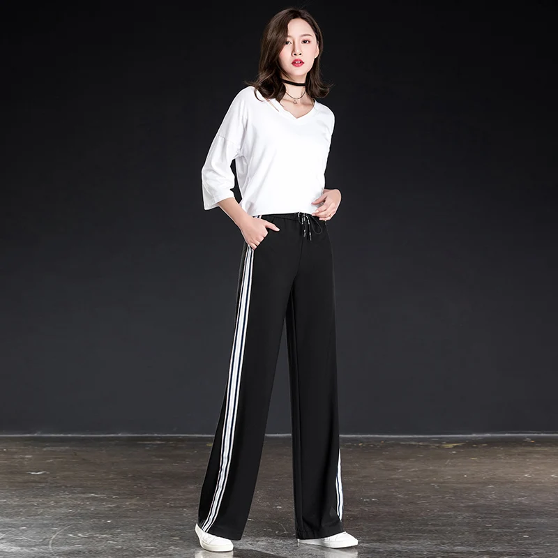 Женские спортивные брюки полной длины свободные однотонные с эластичной