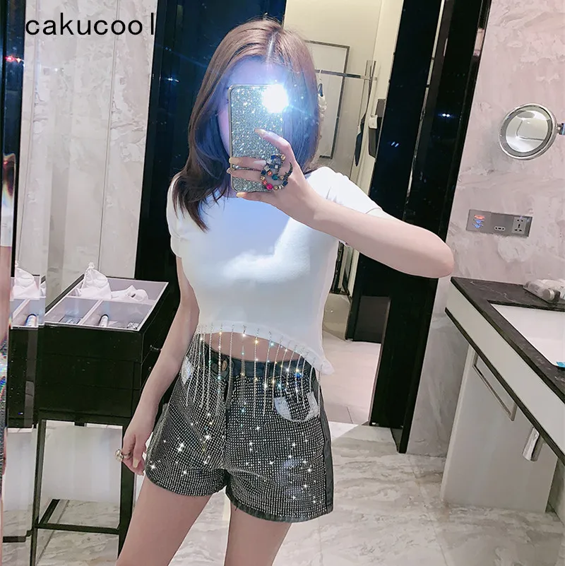 Женская футболка с бриллиантами Cakucool повседневная облегающая круглым вырезом и