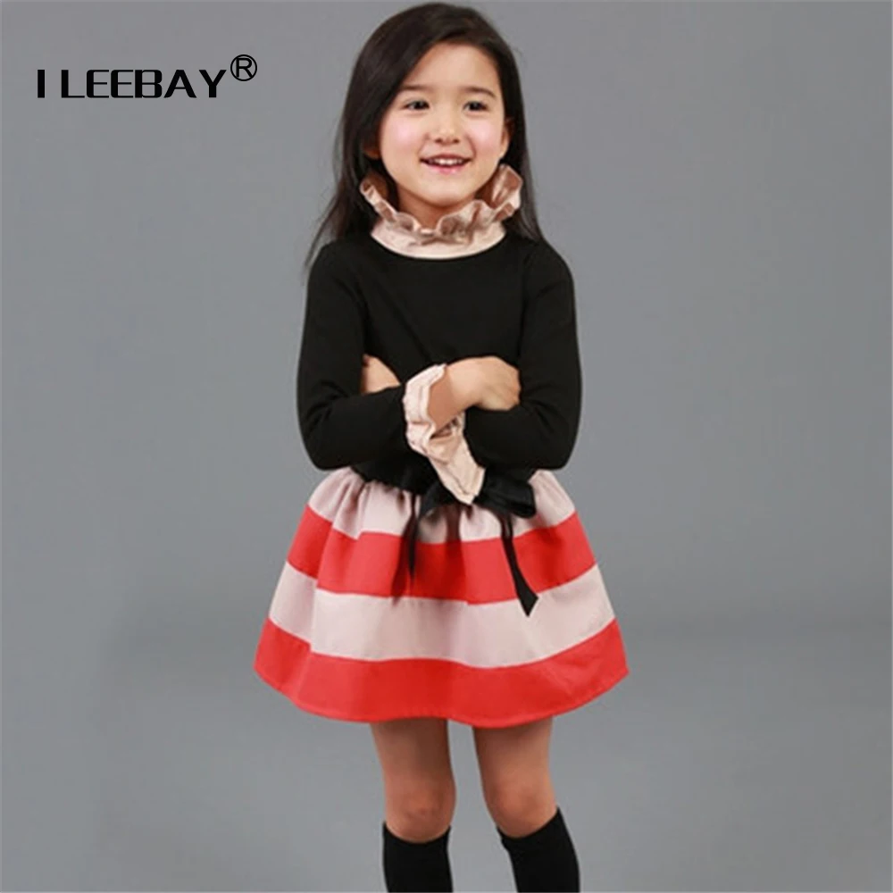 Осень 2018 платье для маленьких девочек детское зимнее в полоску с длинным рукавом