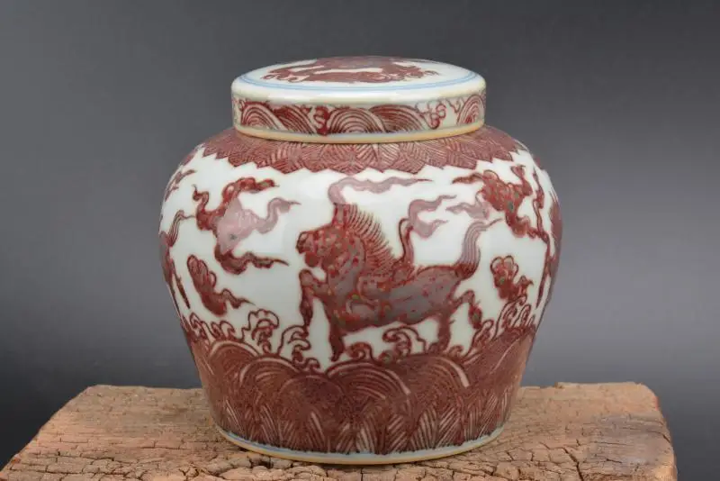 

Antique MingDynasty porcelain jar,TIAN ZI GUAN,Red&blue glaze,Sea beast,Seahorse,Home Decoration collection & adornment