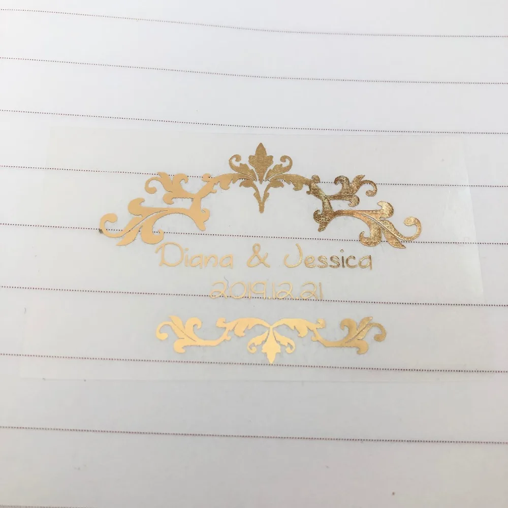 

60 Personalised transparent rectangular Stickers Damask Gold Effect Vintage Wedding elegant invitation envelop decorations