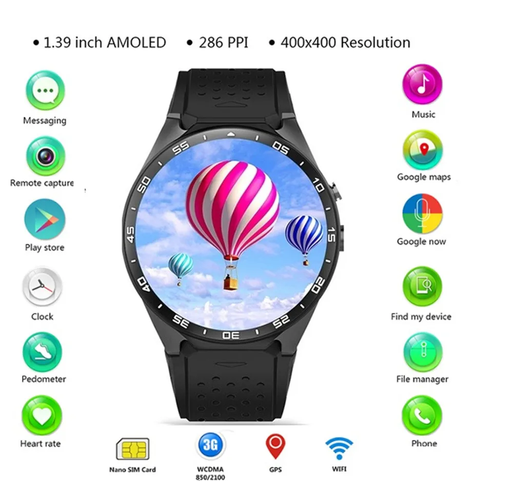 Оригинальный KingWear KW88 Android 5 1 39 ''экран 3g Smartwatch телефон MTK6580 четырехъядерный 512 Мб