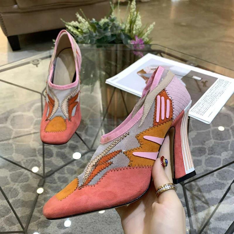 Женские туфли на высоком каблуке с прозрачной сеткой замшевые туфли-лодочки