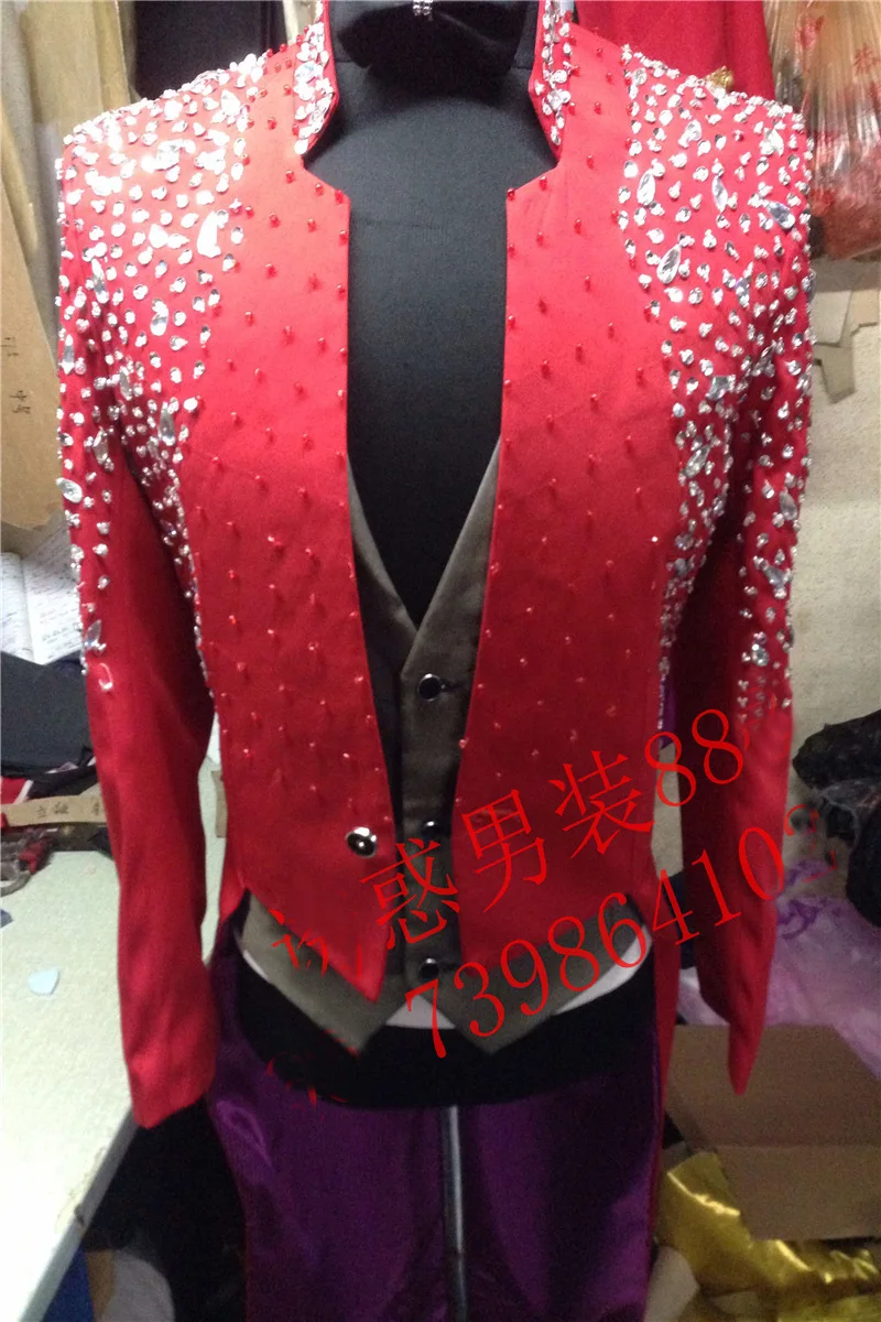 

100%real black/red mens rhinestone beading sewing tuxedo swallowtail magician jacket/party/stage performance/dance/sing