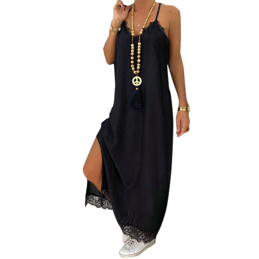 Женское кружевное платье с нашивками повседневное разрезом на тонких бретельках