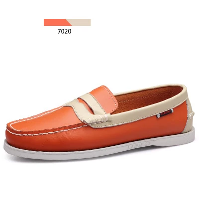 7020OrangeWhite Мужская обувь; ручная работа; натуральная кожа; Разноцветные водонепроницаемые мокасины для мужчин; Прошитые разноцветные туфли для вождения; модная мужская обувь - Цвет: 7020OrangeWhite
