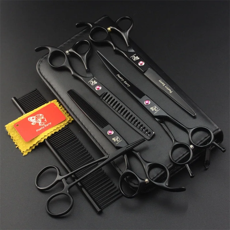 black PK-706 7 дюймов профессиональные японские 440C ножницы для стрижки собак набор ножницы для стрижки собак филировочные изогнутые ножницы с расческой - Цвет: black PK-706