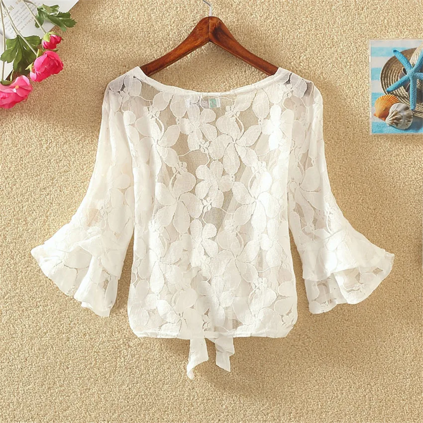 2019 Summer Elegant Women Lace Shawl Capes Lady White Wraps Bow Tie Wrap Bolero Accessories Coat Tops Sun Protection WZ785 | Женская