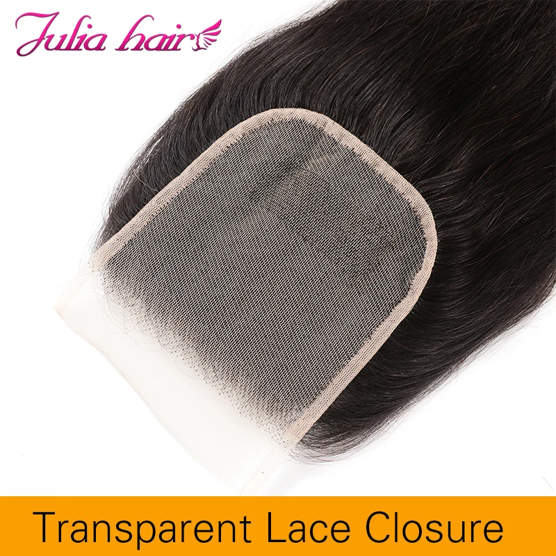 Ali Julia Hair Transparent Lace Closure Brazilian Straight Hair Remy Hair Free Part 120% Density 4*4 Swiss Lace