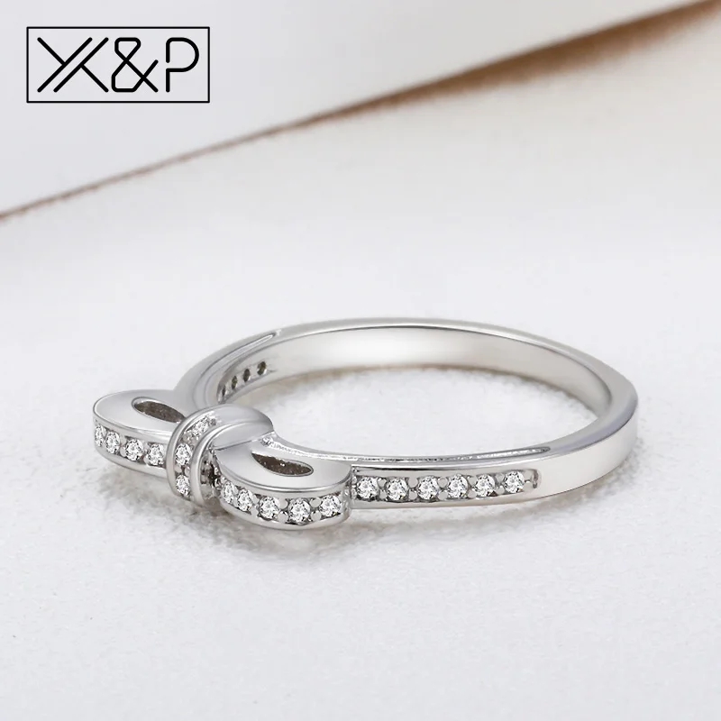 X & P модное милое корейское кольцо с бантиком украшенное серебряными кристаллами