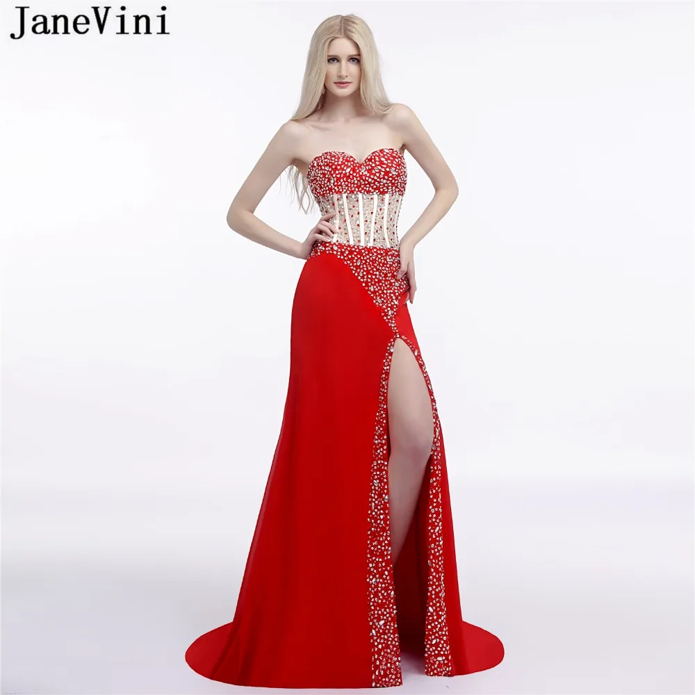 

JaneVini Charming Beaded Red Mermaid Long Bridesmaid Dresses Sweetheart High Split Backless Satin Formal Prom Gowns Sweep Train