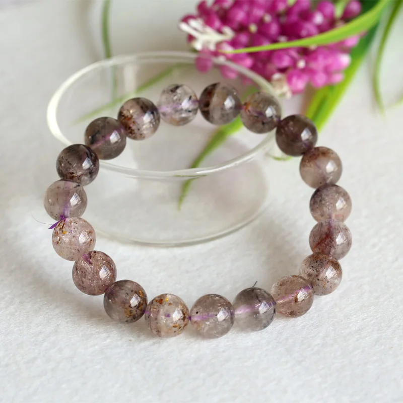 

Natural Genuine Brown Purple Titanium Cacoxenite Cornucopia Finish Stretch Men Bracelet Round Big Beads 10mm