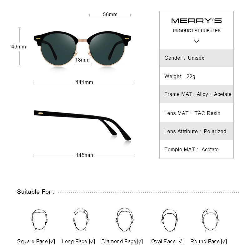 MERRYS DESIGN Men Women Classic Retro Rivet Polarized Sunglasses Unisex Glasses Fashion Male Eyewear UV400 Protection S8054N