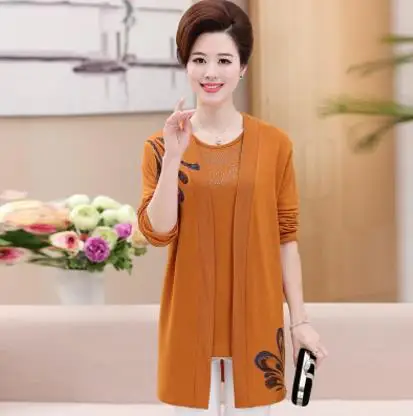 Clobee Весна Осень Дамы blusa tricot мода кардиган для женщин среднего возраста размера плюс вязаный комплект из двух частей свитер S164