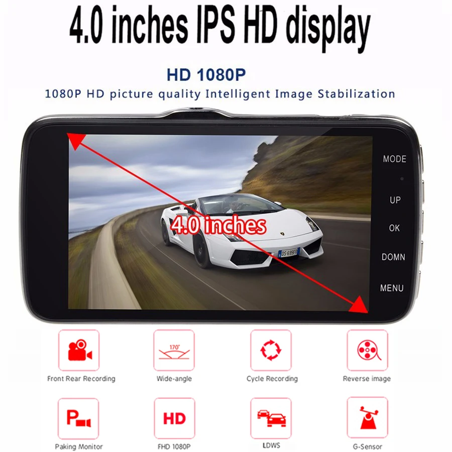 Автомобильный видеорегистратор H6 IPS 4 дюйма с двумя объективами и ночным видением