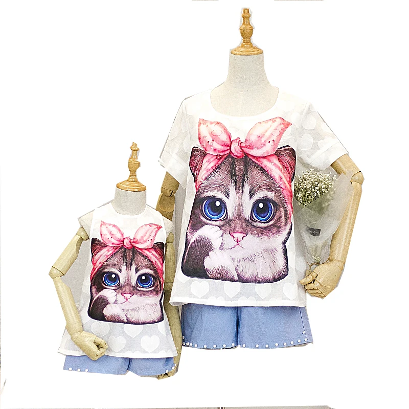 Plus Size Family Matching T Shirts+pants Mommy and Me Mother Daughter Clothes Sets Suit Look Pajamas Cat Print Clothing | Мать и ребенок