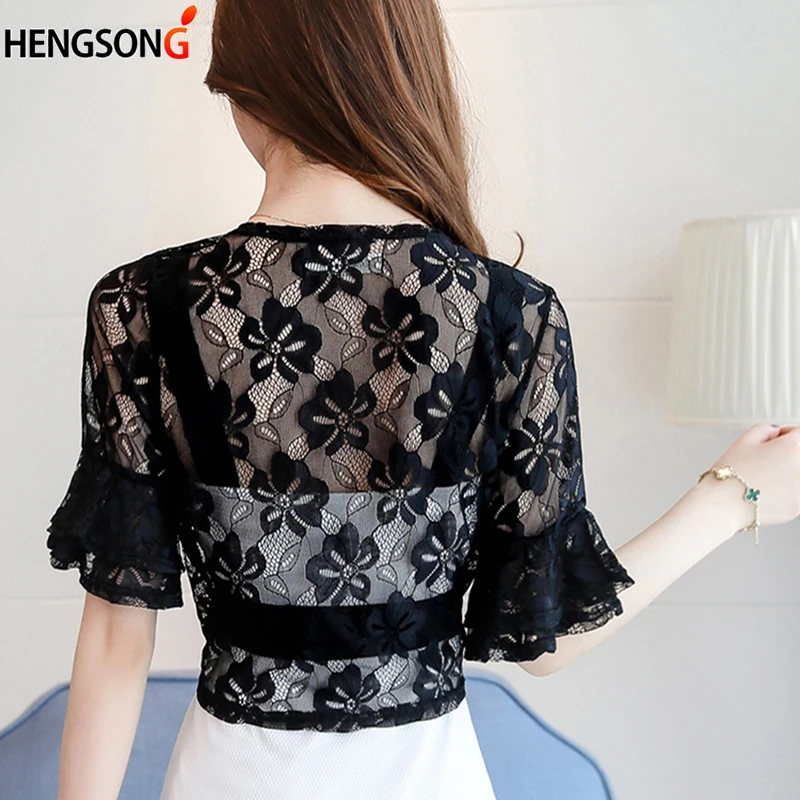 

2018 Fashion Casual Office Beach Wrap Coat Hollow Out Short Sleeve Short Shawl Cardigan Lace Up Lace Women Summer Jacket