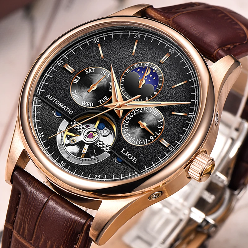 Часы наручные LIGE Мужские автоматические модные брендовые Роскошные