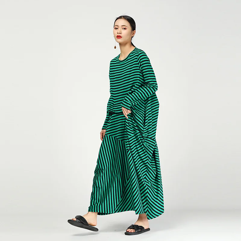 LANMREM 2019 Новая мода весна Женская одежда в полоску платье с асимметричным подолом