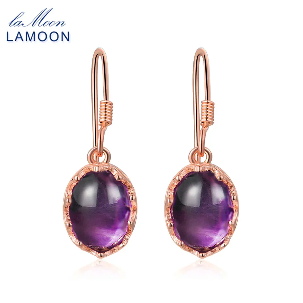 

LAMOON 7x9mm 2.7ct 100% Natural Oval Purple Amethyst 925 Sterling Silver Jewelry Drop Earrings S925 LMEI036