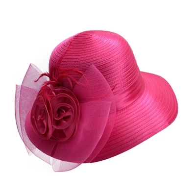 Hot Pink Летние шляпы для женщин, однотонные Сатиновые цветочные шляпы с широкими полями, гибкие шляпы для Кентукки, Дерби, церкви, чая, вечерние платья A433 - Цвет: Hot Pink