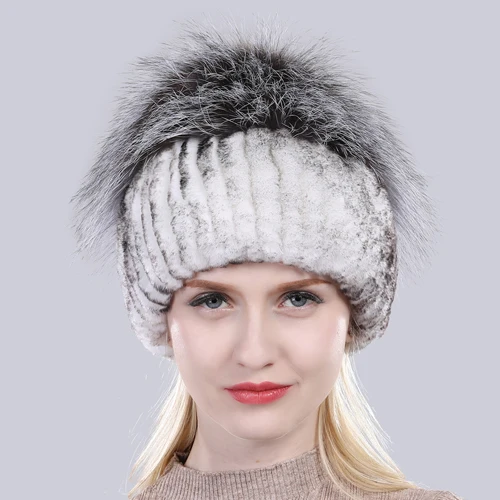 white and black 2 Новое поступление, зимняя женская вязаная шапка, настоящий мех кролика, хорошая эластичность, натуральный пушистый мех серебристой лисы, женские шапки из натурального меха - Цвет: white and black 2