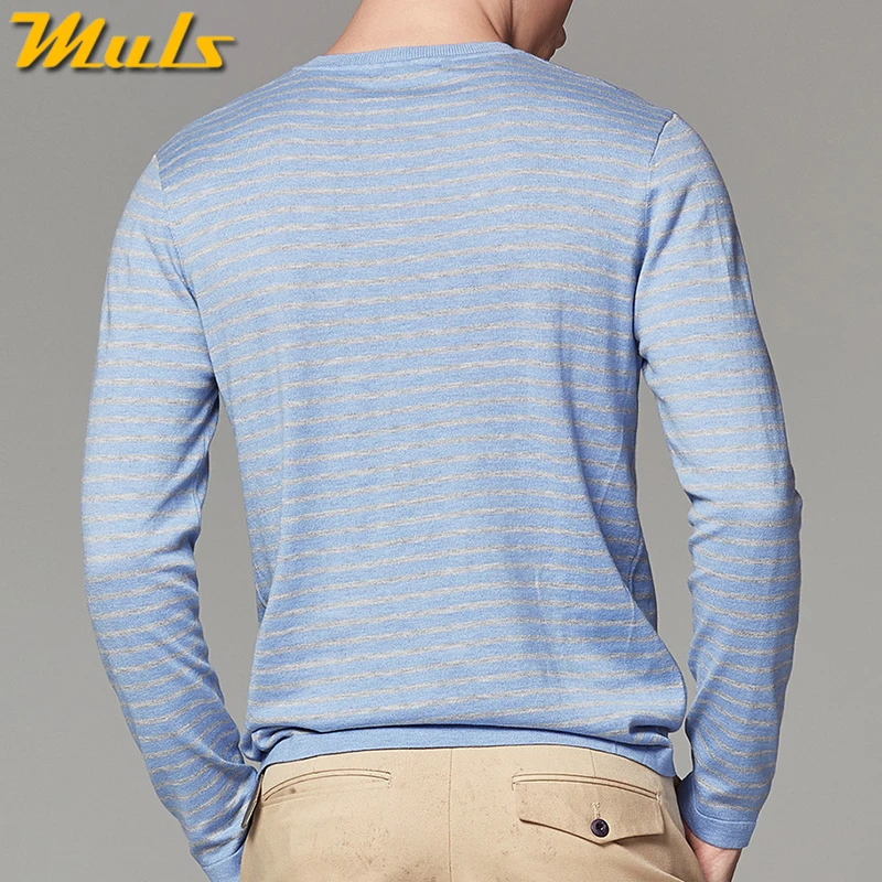 Мужская трикотажная рубашка с круглым вырезом пуловер в полоску карманами на